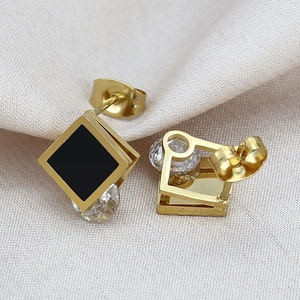 Elegant gold square earrings with black enamel inlay and sparkling zircon stone for women