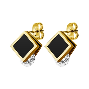 Square gold stud earrings with black inlay and clear cubic zirconia on white background