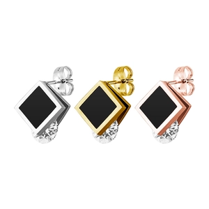Square zircon and pearl earrings in silver, gold and rose gold finishes on white background