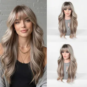 Long wavy platinum blonde wig with bangs showing side and front view on model