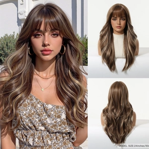 Detail of 24-inch long wavy brown wig with blonde highlights and airy bangs on model