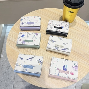 Floral print tri-fold mini wallets for women in six colors with simple classic leather label