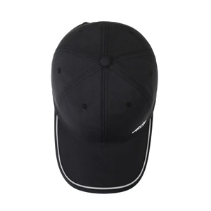 Top-down view of black quick-dry baseball cap with white edge trim and animal logo detail