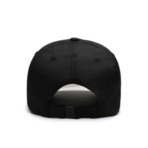 Detail view of the adjustable rear strap and buckle on the black baseball cap