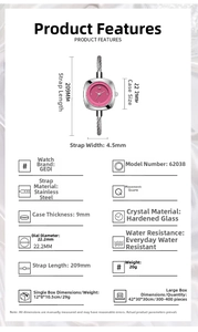 Schema tecnico con dimensioni del quadrante rosa 22mm e cinturino in acciaio intrecciato