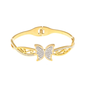 Golden titanium steel butterfly bracelet with sparkling crystals and镂空 detail