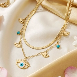 Double layered 18K gold plated stainless steel necklace with turquoise evil eye pendant