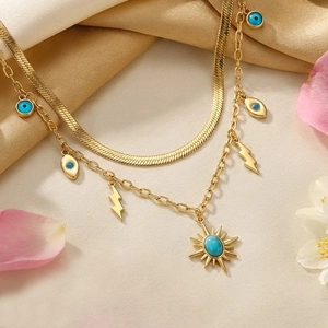 Bohemian double layer 18K gold plated stainless steel necklace with turquoise evil eye