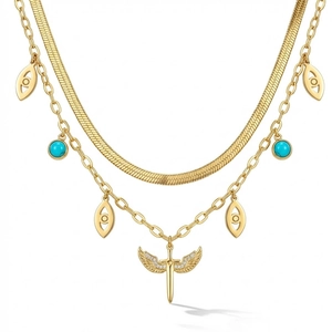 Layered 18K gold plated stainless steel necklace with turquoise evil eye and winged sword