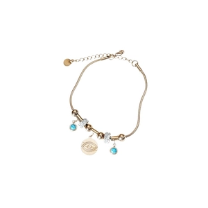 Gold snake chain bracelet featuring blue beads and evil eye pendant with crystal accents