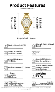Detailed size chart for retro Roman quartz watch showing dial and strap measurements