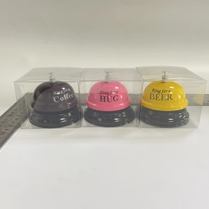 Three-piece set of metal service bells for coffee, hugs, and beer with black plastic bases