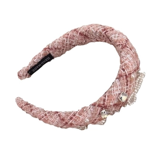 Serre-tête en tweed rose avec perles et strass, accessoire de cheveux élégant