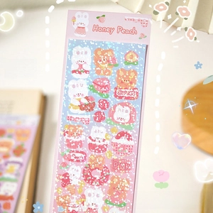 Detailed view of laser holographic stickers with cute pink bunny and bear patterns for DIY