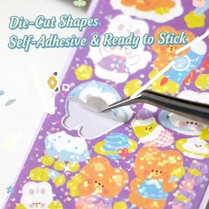 Laser purple stickers with cute bear and rabbit patterns being peeled with tweezers