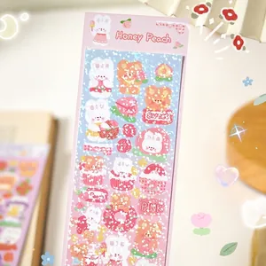 Cute Honey Peach laser glitter stickers featuring rabbits and bears for DIY journaling