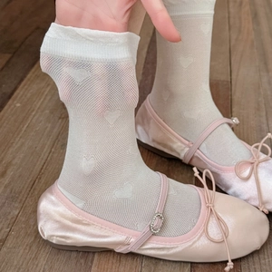 Silk mesh crew socks with heart patterns paired with pink satin ballet flat shoes