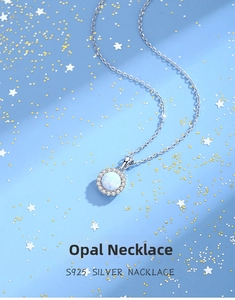 Macro shot of S925 silver necklace with round blue opal pendant on festive background