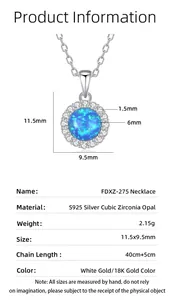 S925 silver necklace size chart with detailed pendant dimensions and opal specifications