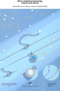 Macro details of round blue opal pendant necklace with halo of white zircons