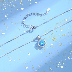 S925 sterling silver necklace with round blue opal pendant and sparkling zircon halo