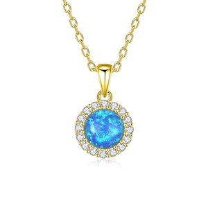 Elegant gold S925 sterling silver necklace with round blue opal and zircon halo