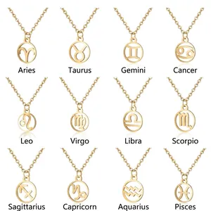 Zodiac Necklace Stainless Steel Hollow Out Round Pendant Constellation Symbol Retro Minimalist Jewelry For Women