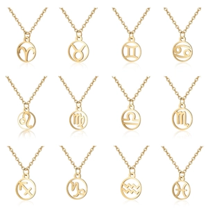 Detailed grid showing 12 golden zodiac sign pendant necklaces on delicate chains