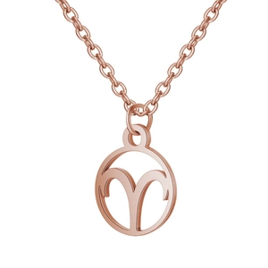 Macro detail of Aries zodiac symbol pendant in rose gold finish with hollow circular design