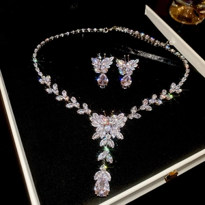 Sparkling butterfly and leaf zircon jewelry set including necklace and earrings