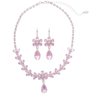 Pink crystal flower and butterfly necklace set with teardrop pendant for women