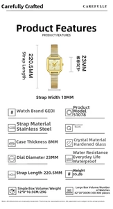 Detailed specifications chart of vintage square quartz watch with bamboo steel strap