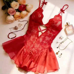 Sexy Spitzen Lingerie Teddy Damen Mesh Babydoll Nachtwäsche Tiefer V Ausschnitt Kreuzband Schleifen Träger Rüschen Saum