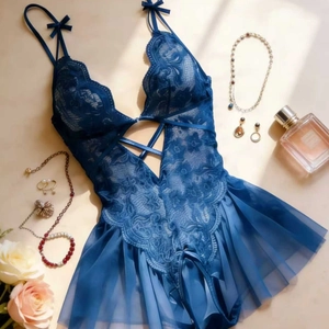 Lingerie-Body aus Spitze für Damen mit tiefem V-Ausschnitt und Schleifen in Dunkelblau