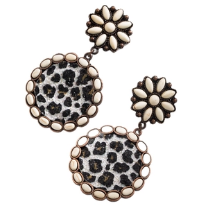 Bohemian geometric round drop earrings with leopard print and white turquoise stones