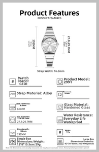 Detailed technical specifications and dimensions of the silver octagonal quartz watch