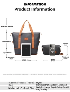 Detailed size chart for large and small grey Oxford gym bags with expansion dimensions