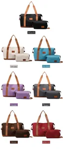 Set of travel duffel bags in seven colors with waterproof fabric and leather trim