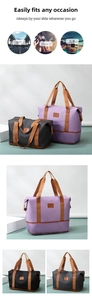 Close-up of waterproof travel bag details including reinforced handles and multiple colors