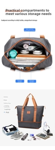 Detail of expandable travel bag featuring wet-dry separation and spacious interior storage