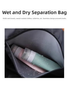Detail of waterproof dry-wet separation pocket showing water droplets and texture