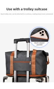 Detail showing the trolley sleeve and hidden zipper pocket on the grey travel bag