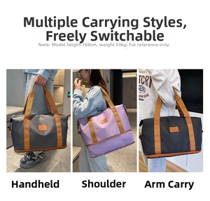Detailed views of versatile large travel tote bag shown in hand, shoulder, and arm carry styles