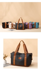 Macro view of water-resistant travel bag details with brown handles and five color options