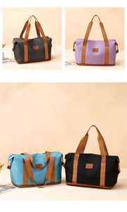 Collage of large travel bags in grey, purple, blue, and black for sports and gym use