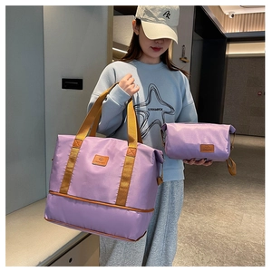 Detail of lavender travel bag set with large capacity and matching cosmetic pouch
