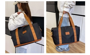 Dual-layer travel bag shown as a shoulder and handbag in a modern home setting