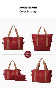 Detail view of the wine red travel bag with double-layer expansion and waterproof nylon fabric