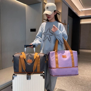 Expandable nylon travel bag set showing high capacity and luggage sleeve feature