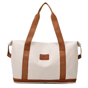Large capacity off-white travel bag with brown straps and dual layer storage base